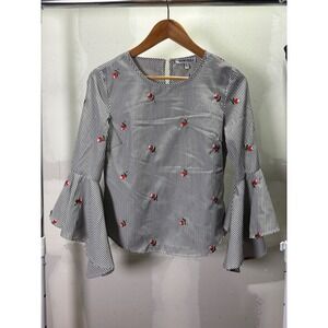 Kontrol Contemporary Womens Small Striped Rose Embroidered Bell Sleeve